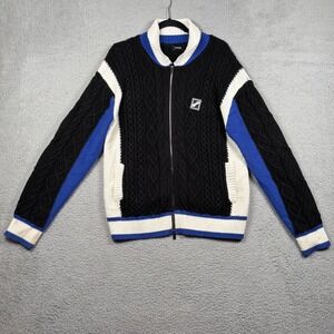 Y2K WE11DONE Mens M Cable Knit Zip Cardigan Sweater Colorblock Patched Oversize